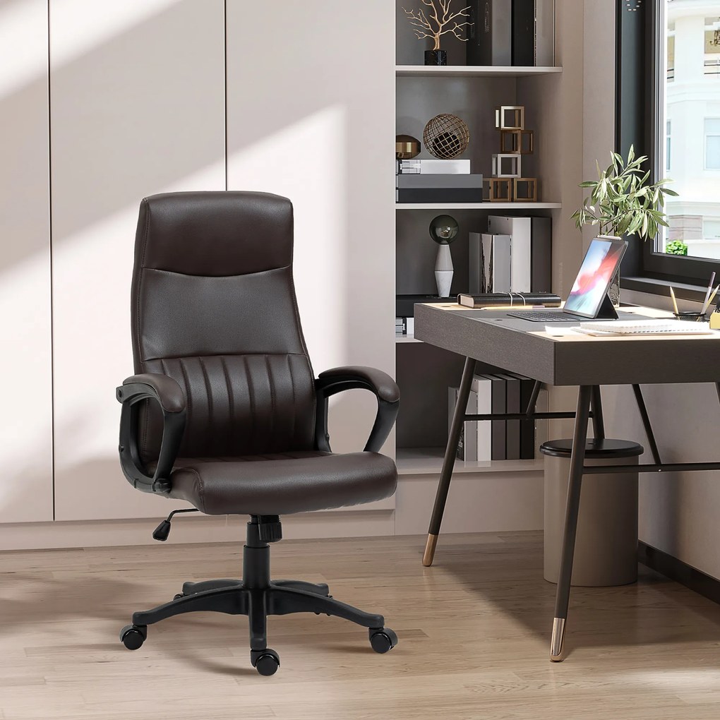 Vinsetto Cadeira de Escritório Ergonômica Cadeira de Escritório Basculante e Giratória 360° com Altura Ajustável Encosto Alto e Apoio para os Braços Pele Sintética 61,5x66x113-123cm Marrom