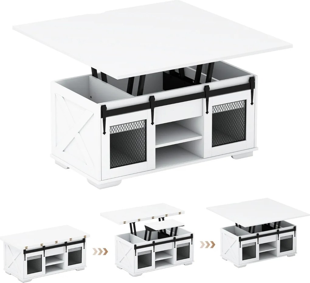 Mesa de centro 105 x 54 x 48,5 cm com tampo elevável estilo rústico, 2 portas deslizantes, 3 compartimentos ocultos, sala de estar, painel branco