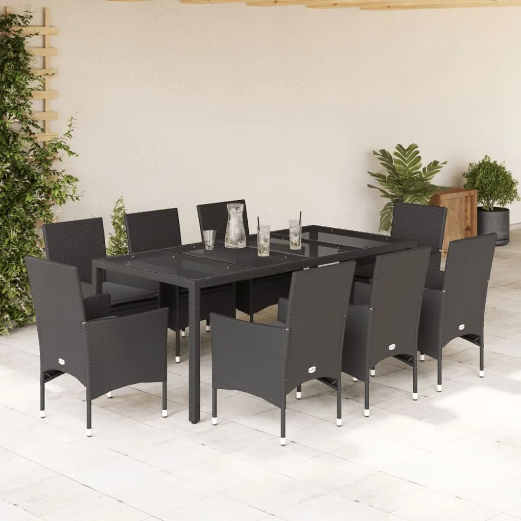 9 pcs conjunto jantar jardim c/ almofadões vime PE/vidro preto