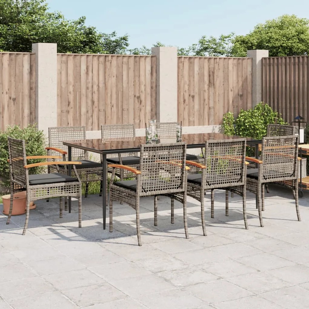 9 pcs conjunto de jantar p/ jardim c/ almofadões vime PE cinza