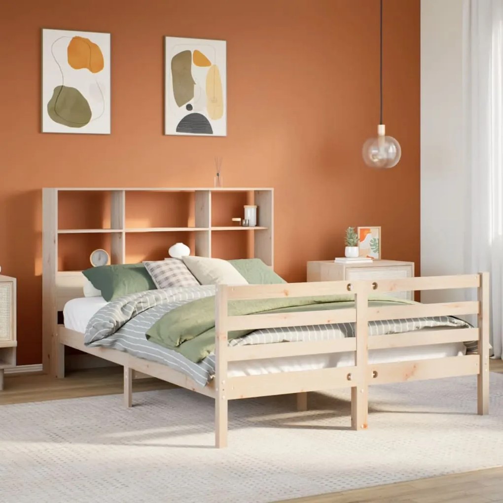 vidaXL Cama com estante sem colchão 135x190 cm pinho maciço