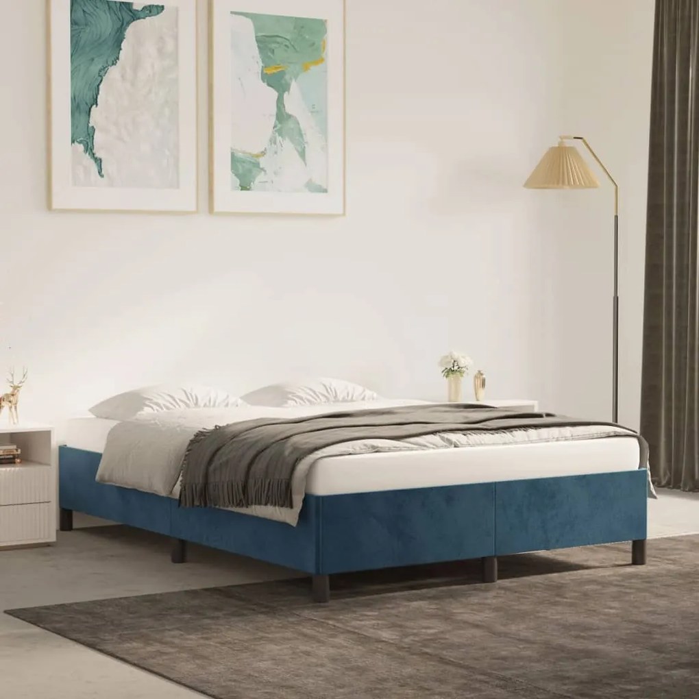 Estrutura de cama sem colchão 140x190 cm veludo azul-escuro
