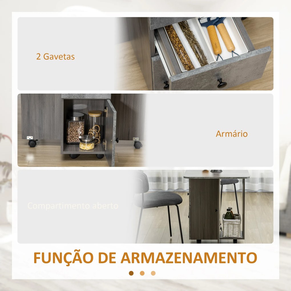 Mesa de Refeição Dobrável com Rodas 120x60x76,5 cm com 2 Gavetas e Armário Mesa Auxiliar Multifuncional Cinza