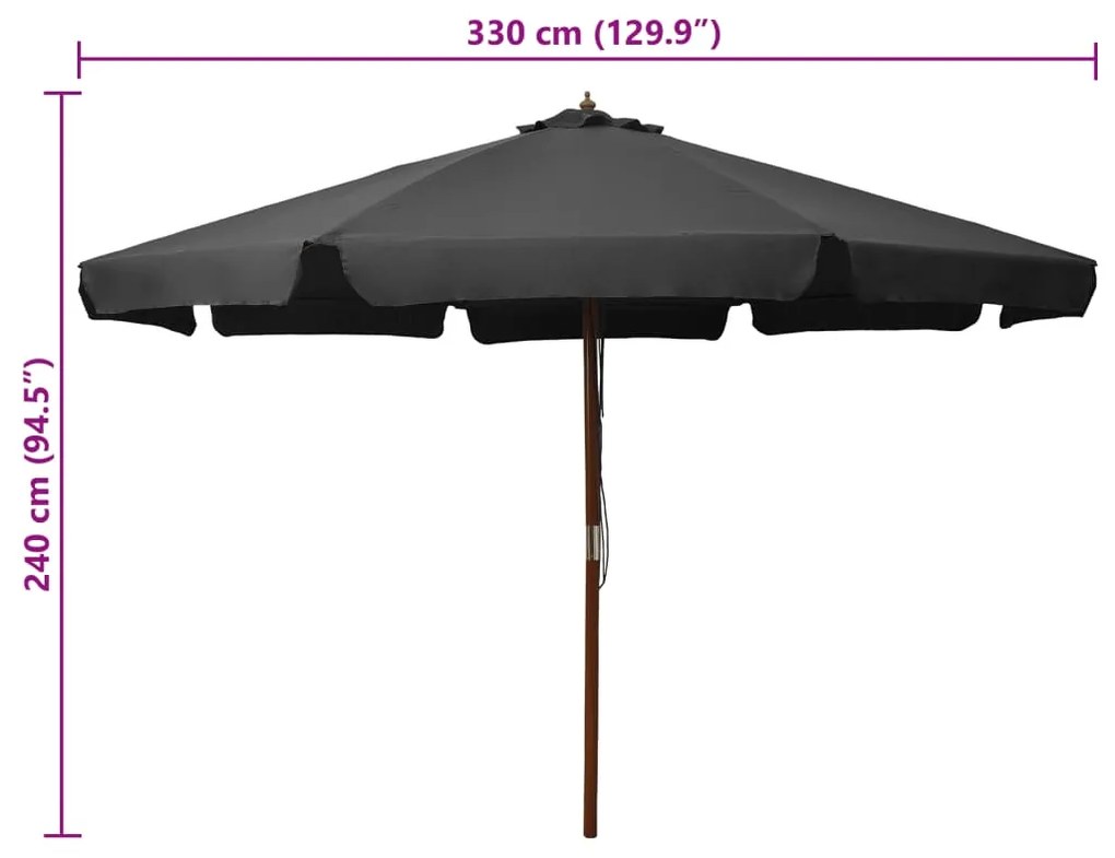 Guarda-sol de exterior com poste de madeira 330 cm antracite