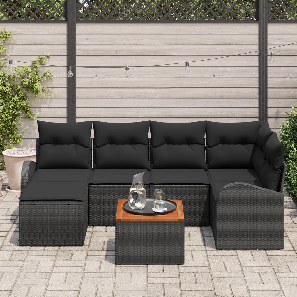 Conjunto de Sofá de Jardim de 7 Peças com Almofadas Preto Rattan Polié
