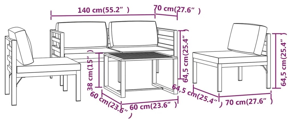 5 pcs conjunto lounge jardim com almofadões alumínio antracite