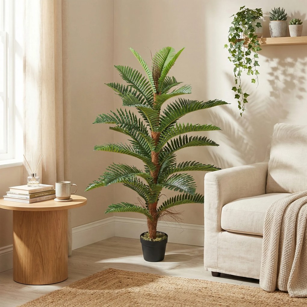 Palmeira artificial de 120 cm com 24 folhas em PEVA, planta decorativa com vaso de plástico, verde