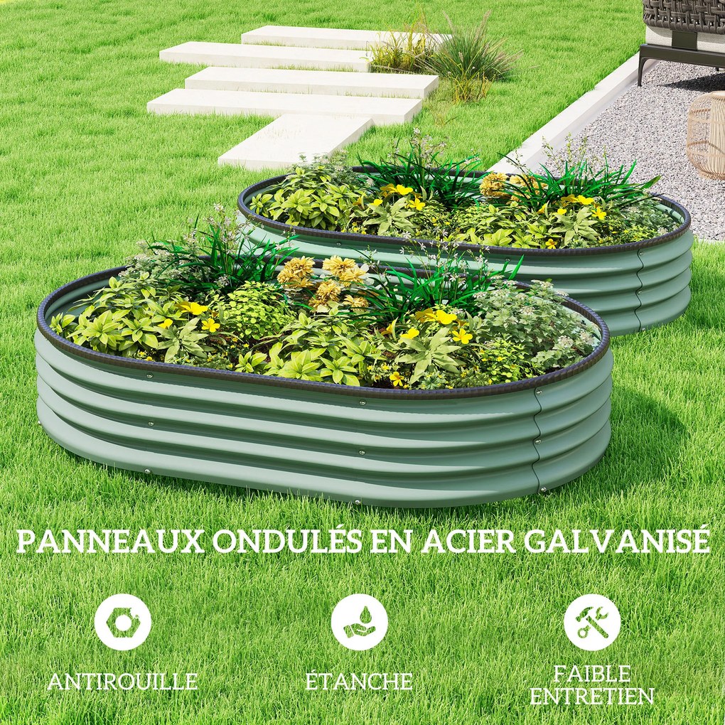 Conjunto de 2 floreiras de jardim, 135 x 90 x 30 cm, floreira em aço galvanizado com bordas em borracha, verde