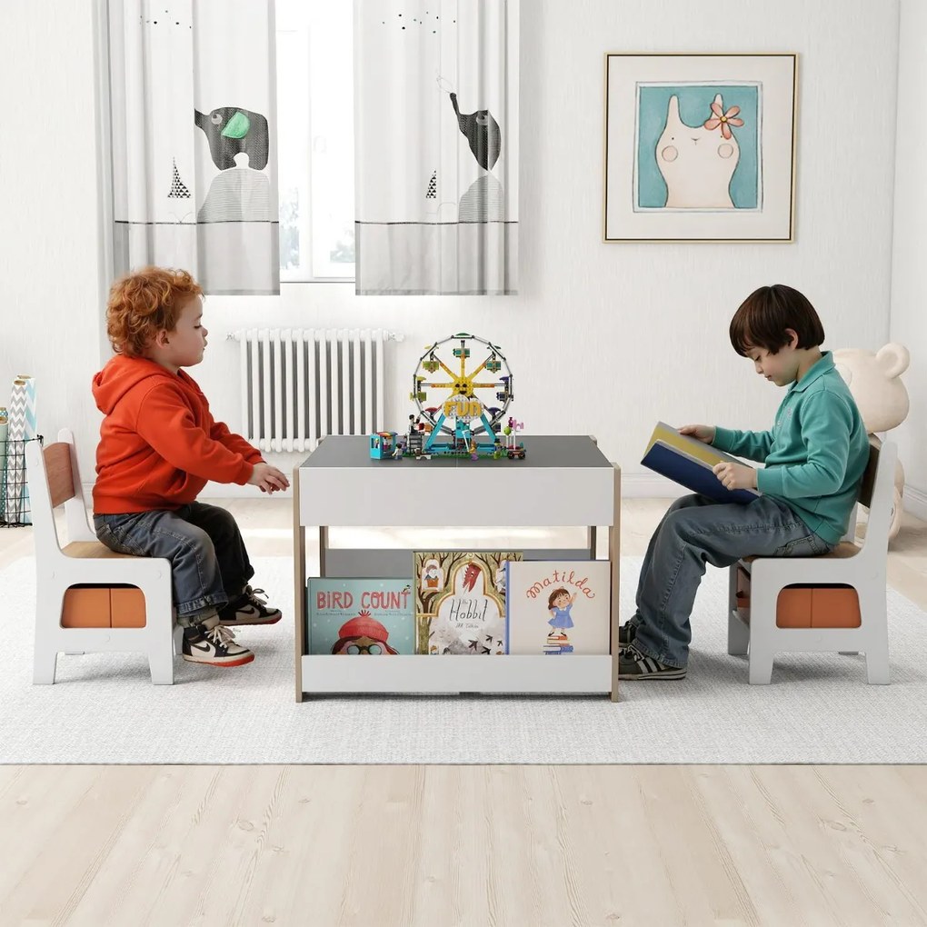 Conjunto de mesa e cadeira para crianças 4 em 1 Mesa de atividades para crianças com painéis dupla face e prateleiras laterais 2 cadeiras Natural