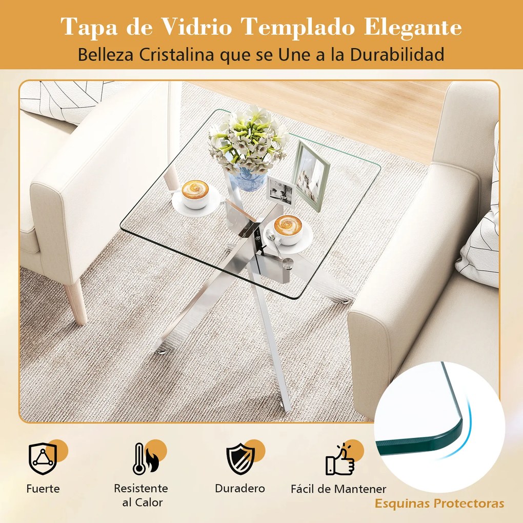 Mesa apoio de vidro 50 x 50 x 57 cm com tampo temperado e base metálica em X moderna para quarto ou sala de estar, prateada