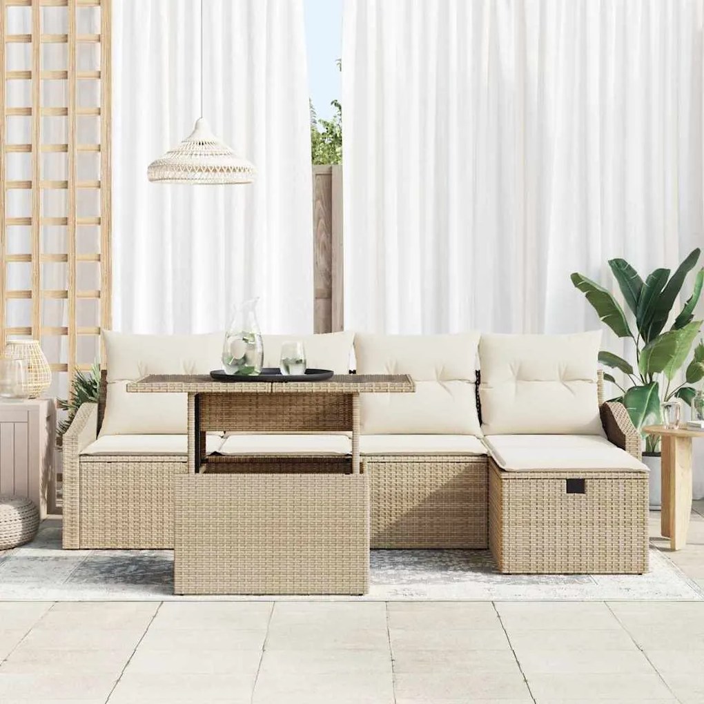 Conjunto de Sofá de Jardim de 6 Peças com Almofadas Bege em Rattan Pol