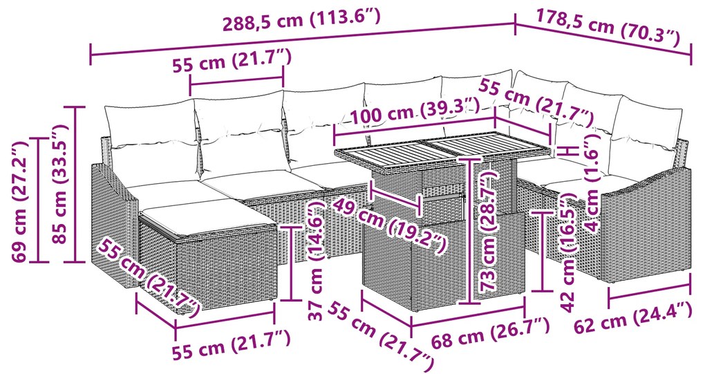 Conjunto de Jantar de Jardim de 9 Peças com Almofadas Cinza de Rattan