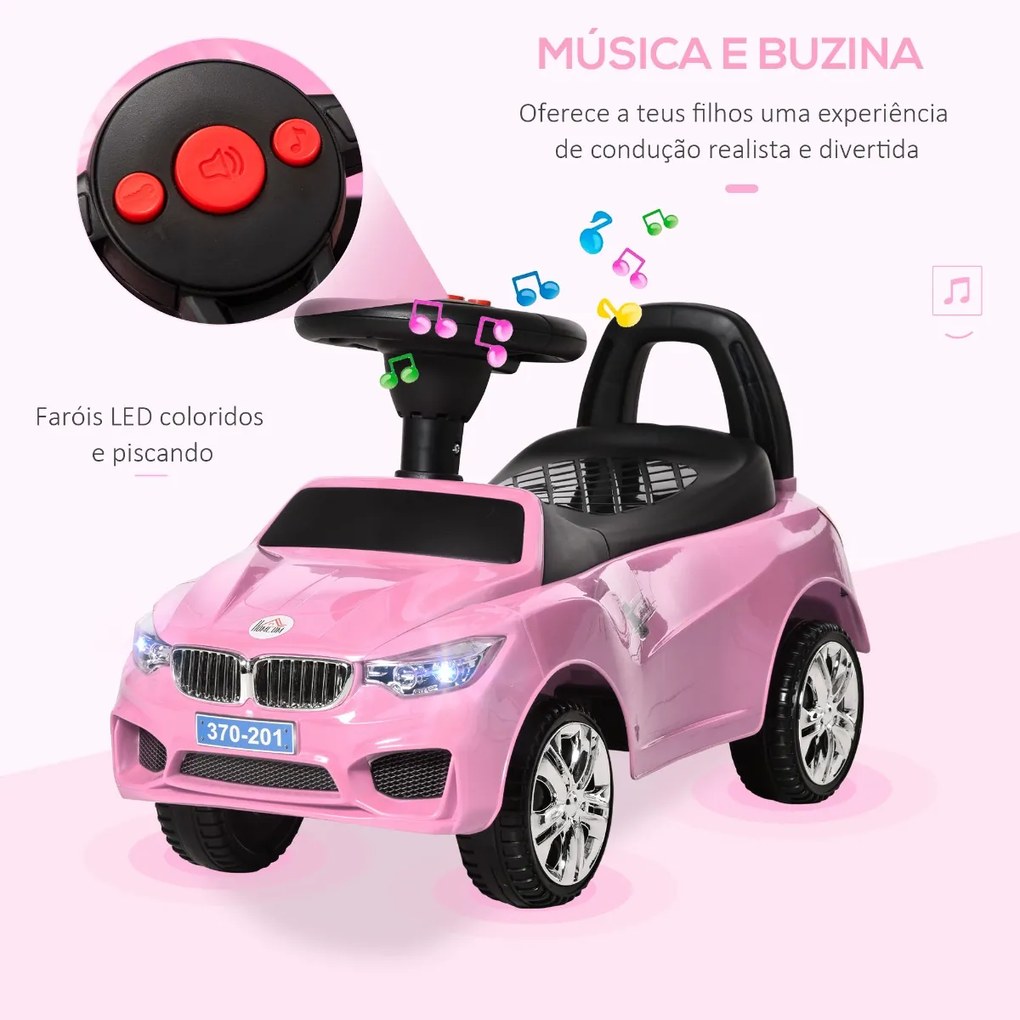 Carro Andador para Crianças de 18-36 Meses com Faróis Música Buzina Volante Compartimento de Armazenamento e Alça para Empurrar 63,5x28x36 Rosa