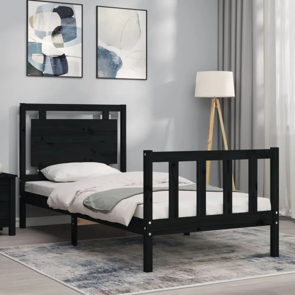 Estrutura de cama com cabeceira 90x190 cm madeira maciça preto