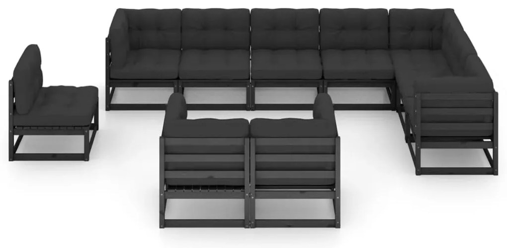 10 pcs conjunto lounge jardim c/ almofadões pinho maciço preto