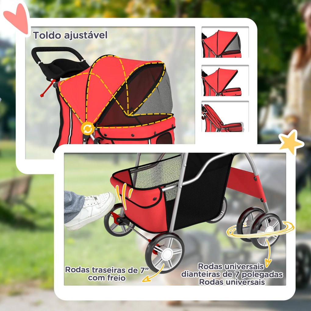 Carrinho para Cães Pequenos com Cesta de Armazenamento Suportes para Copos Rodas e Almofada Lavável 77x44x102 cm Vermelho