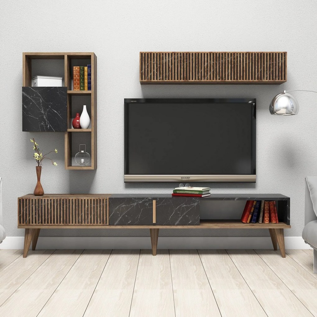 Móvel TV Milan – Nogueira e Preto – 180 x 40 x 35 cm