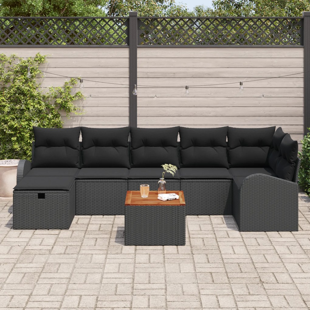 Conjunto de Sofá de 8 Peças para Jardim com Almofadas Preto Rattan Pol