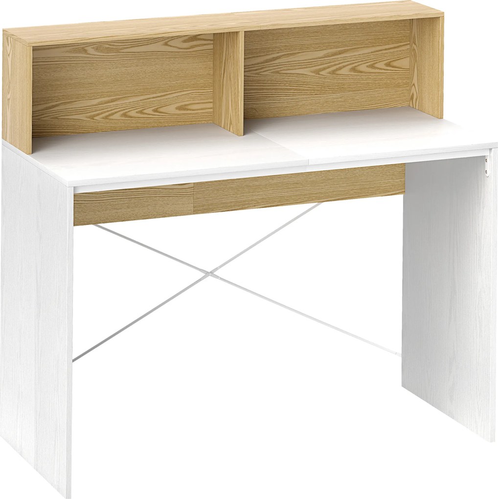 HOMCOM Secretária 110x50x102,6 cm Mesa de Escritório com 2 Compartimentos Abertos e Prateleira Branco e Madeira | Aosom Portugal