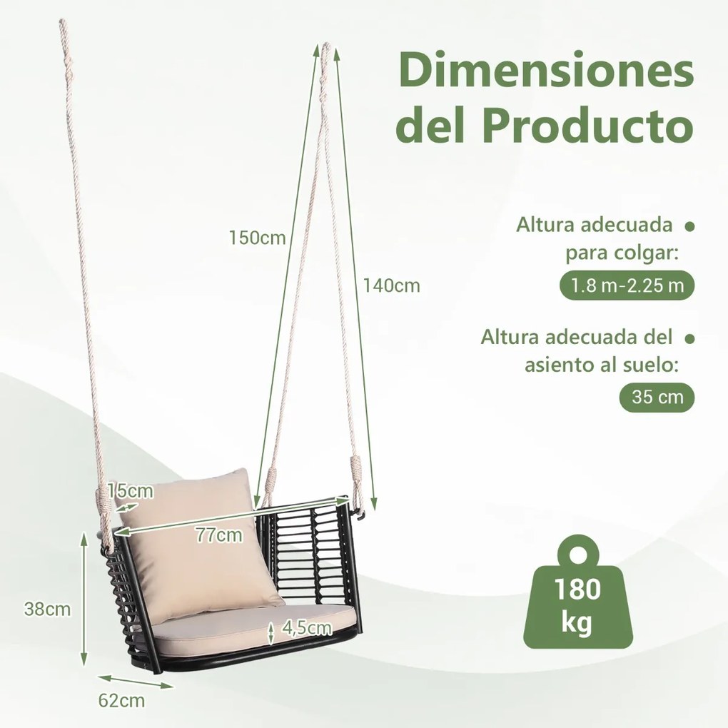 Baloiço de metal para 1 pessoa com encosto em rattan tecido 2 cordas suspensas Almofadas de assento Encosto para varanda Bege e castanho