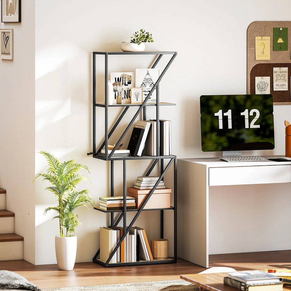 Estante de 5 Níveis Estante para Livros Estilo Industrial com Prateleiras Abertas e Estrutura de Aço 60x30x165 cm Madeira e Preto