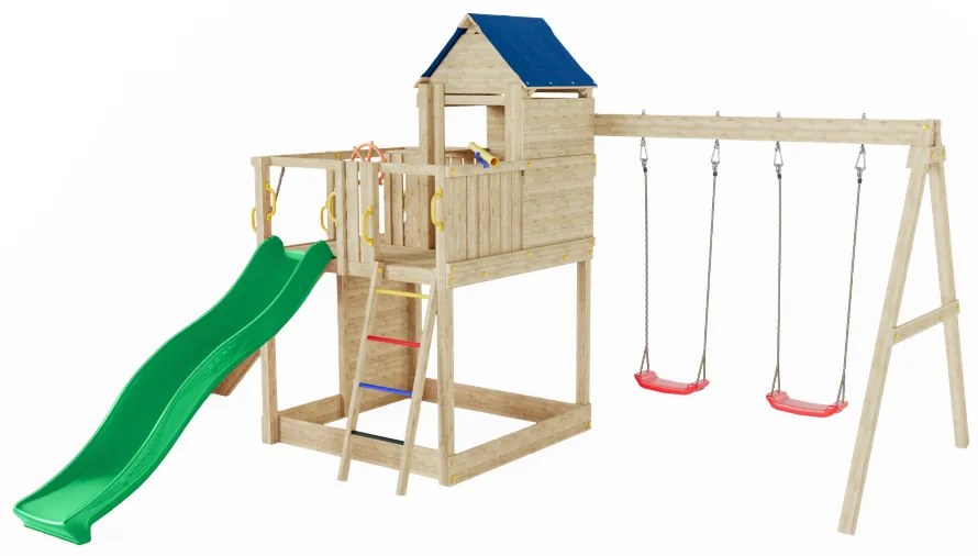 Parque infantil Crianças Exterior Treehouse 3 KDI Com Escorrega, casinha acolhedora com telhado sintético (impermeável), volante de piratas, telescópi