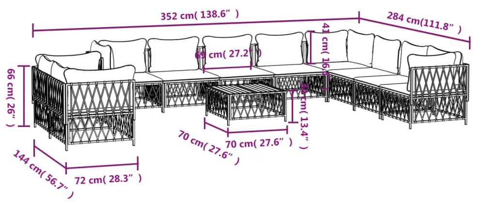 11 pcs conjunto lounge de jardim com almofadões aço branco