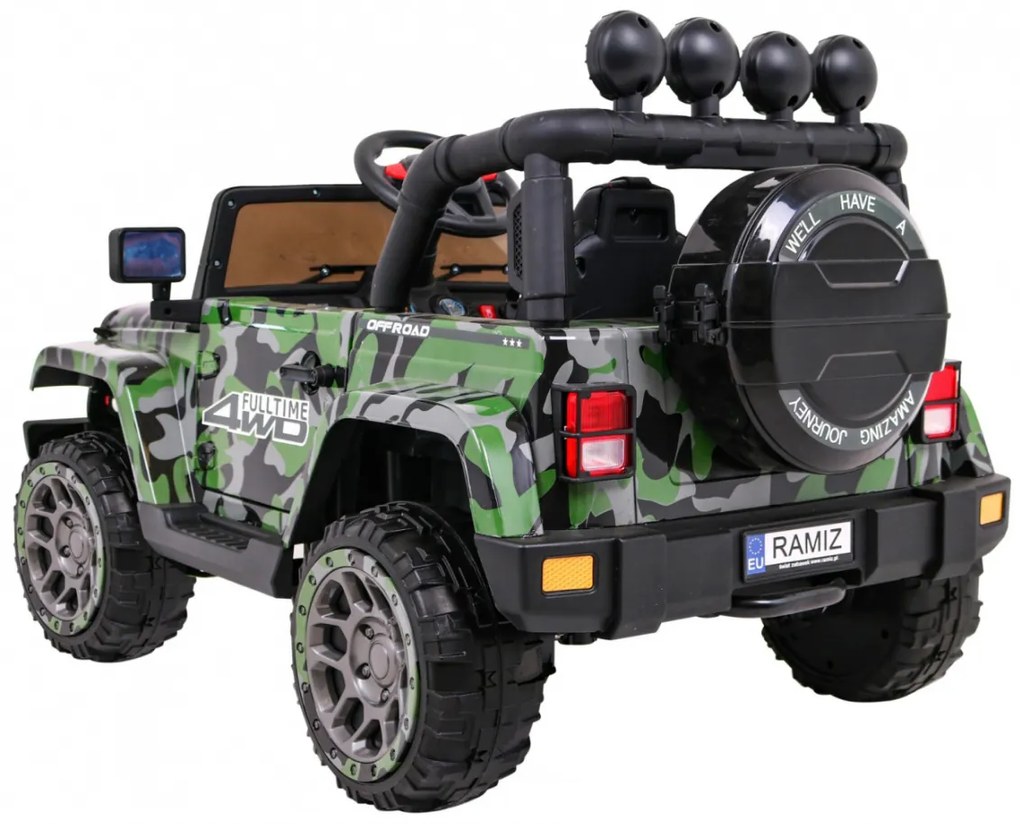 Jiep elétrico para Crianças 12V 4x4 Full Time 4WD Moro Off-Road Rodas EVA, assento couro ecológico Militar