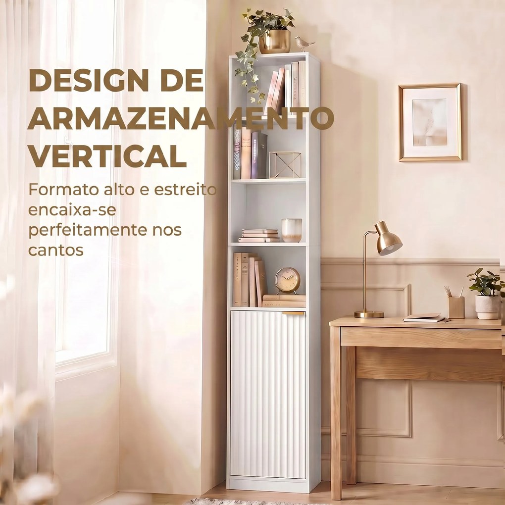 Estante para Livros Alta e Estreita de 6 Níveis com 4 Prateleiras Abertas, Porta e Prateleira Ajustável, Branca
