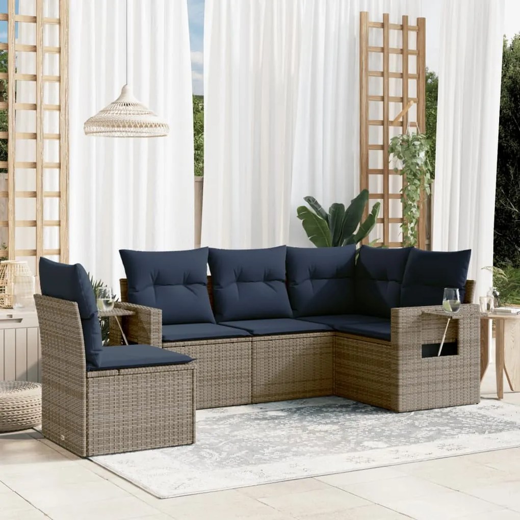 vidaXL 5 pcs conjunto sofás p/ jardim c/ almofadões vime PE cinzento