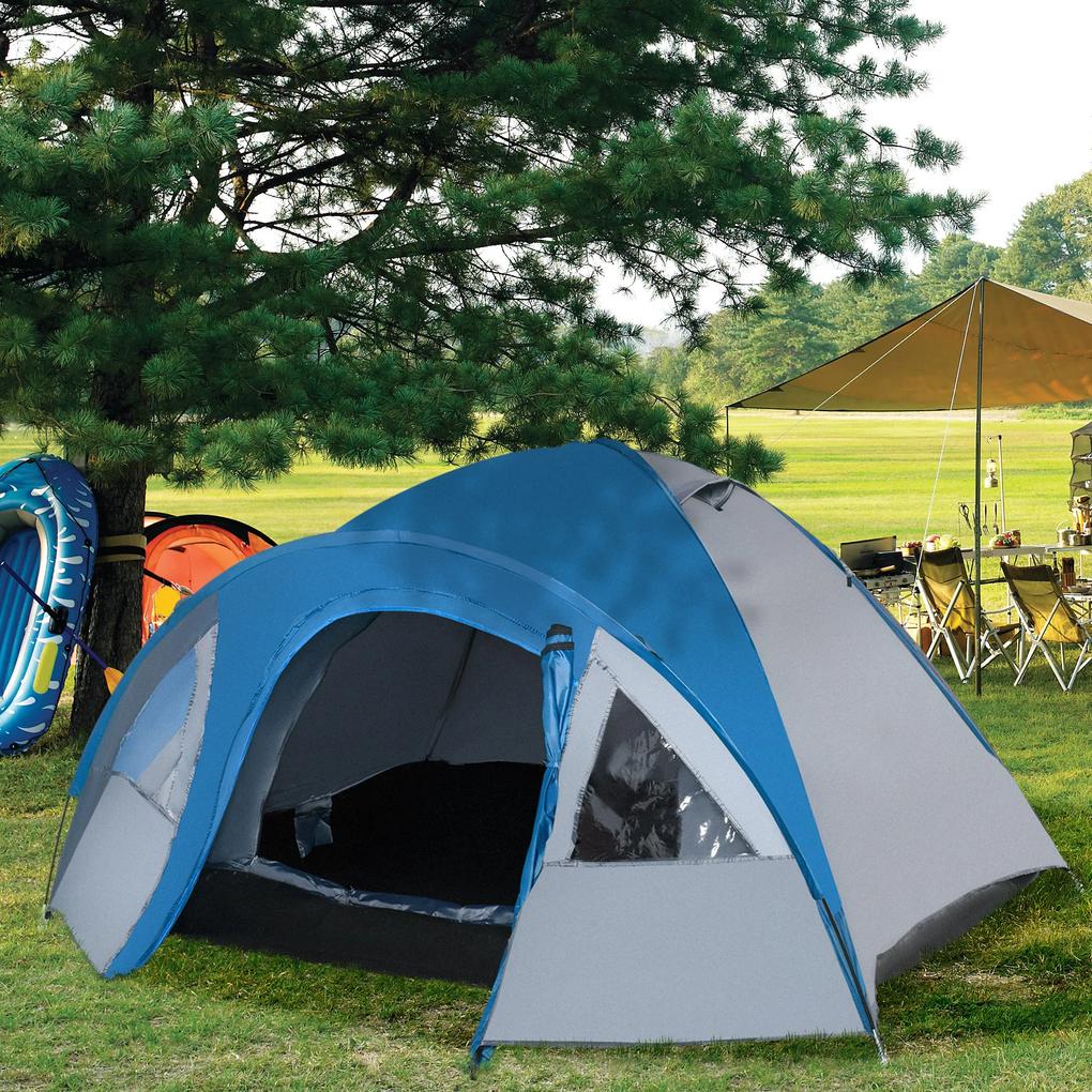 Tenda de Campismo para 4 Pessoas Tenda de Campismo com Janelas 2 Bolsos e Bolsa de Transporte 300x250x130 cm Cinza e Azul
