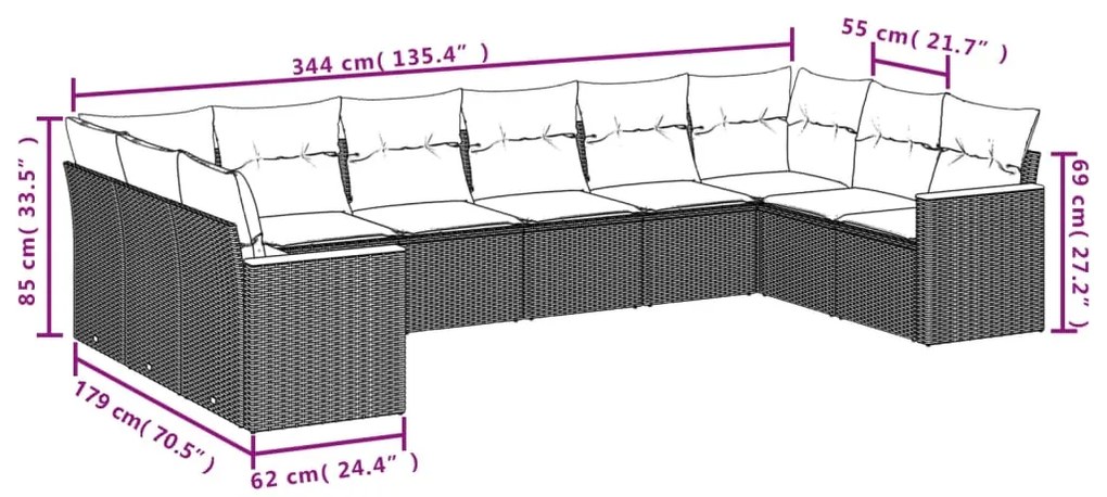 10 pcs conjunto de sofás p/ jardim com almofadões vime PE bege