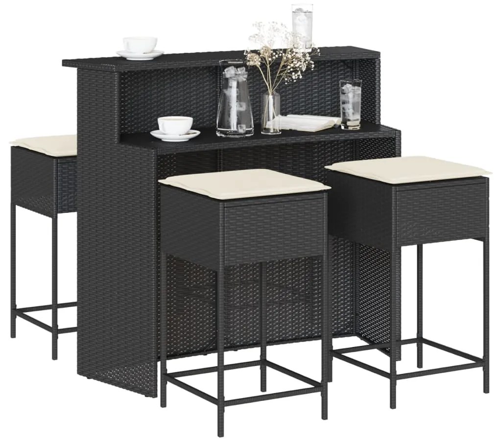 vidaXL 5 pcs conjunto de bar p/ jardim c/ almofadões vime PE preto