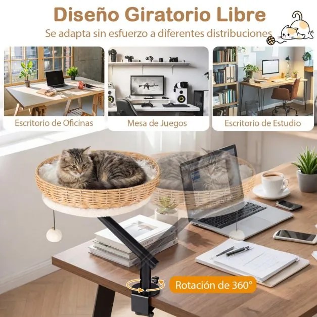 Cama-rede para gatos giratória de 360° para gatos 40,5 x 49,5 cm, em rattan, com almofada removível e bola suspensa, para secretária, escritório ou ca