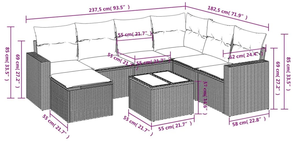 8 pcs conjunto de sofás p/ jardim com almofadões vime PE bege