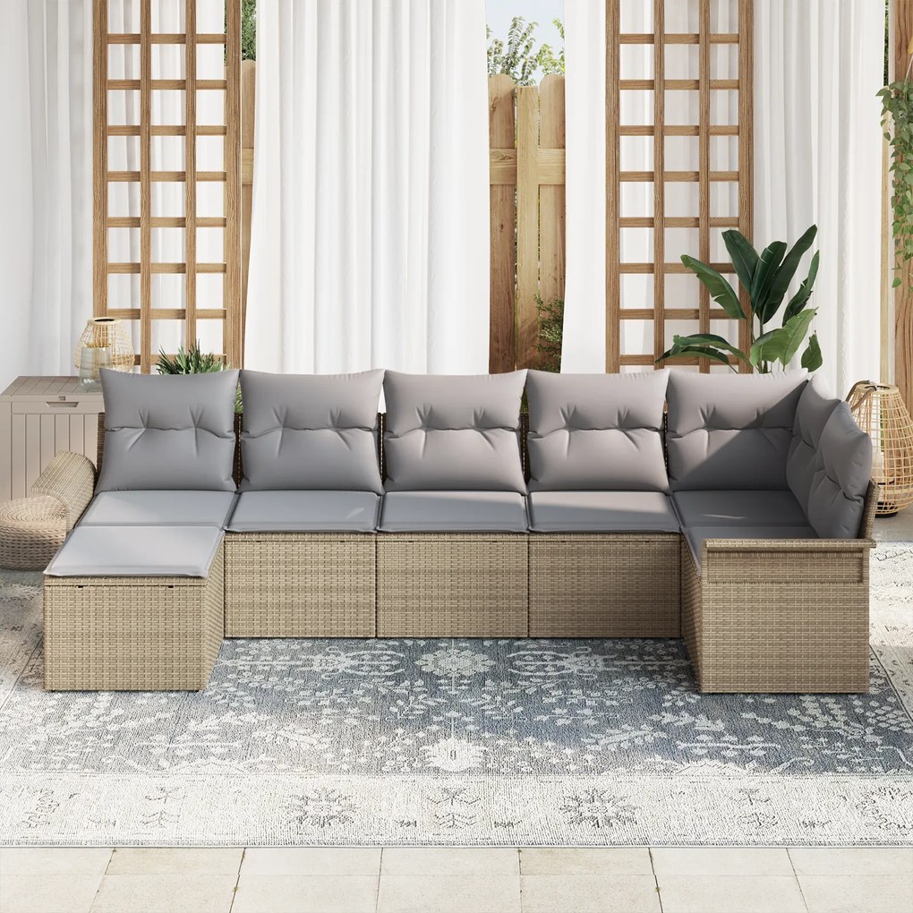 Conjunto de Sofá de Jardim vidaXL 7 Peças com Almofadas Bege Rattan Po
