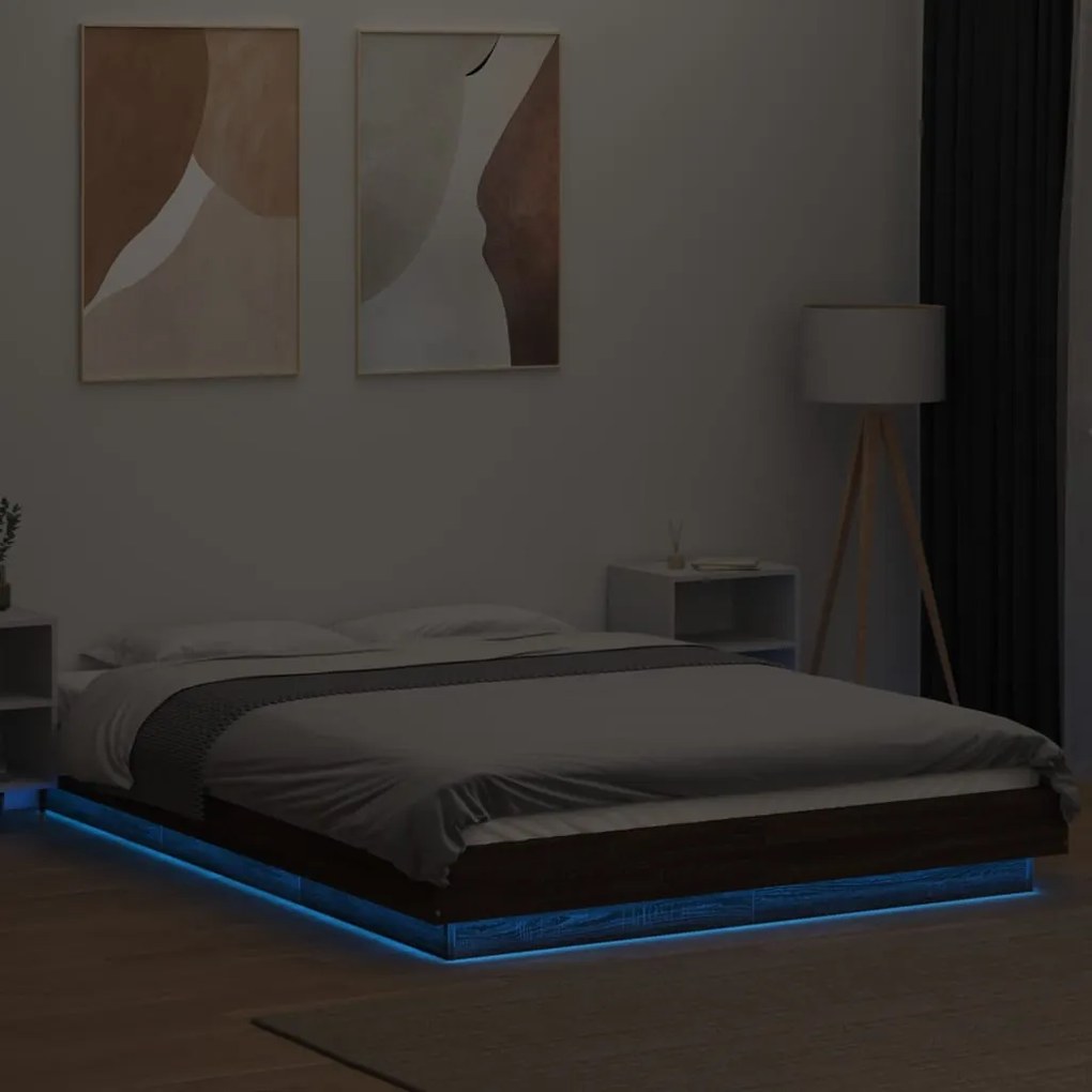 Estrutura cama c/ luzes LED derivados madeira carvalho castanho