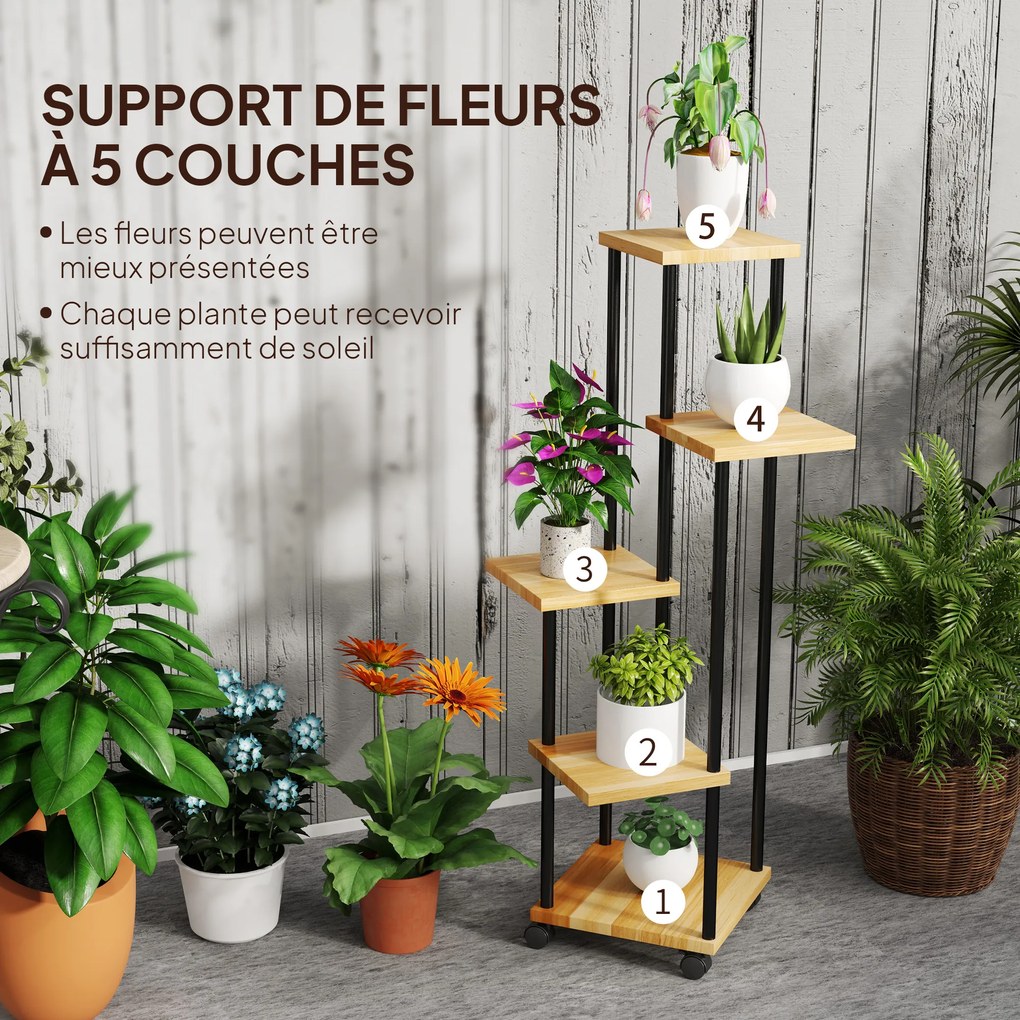 Suporte para plantas de 5 níveis para interior e exterior, prateleira para plantas com 4 rodas em aço e madeira natural