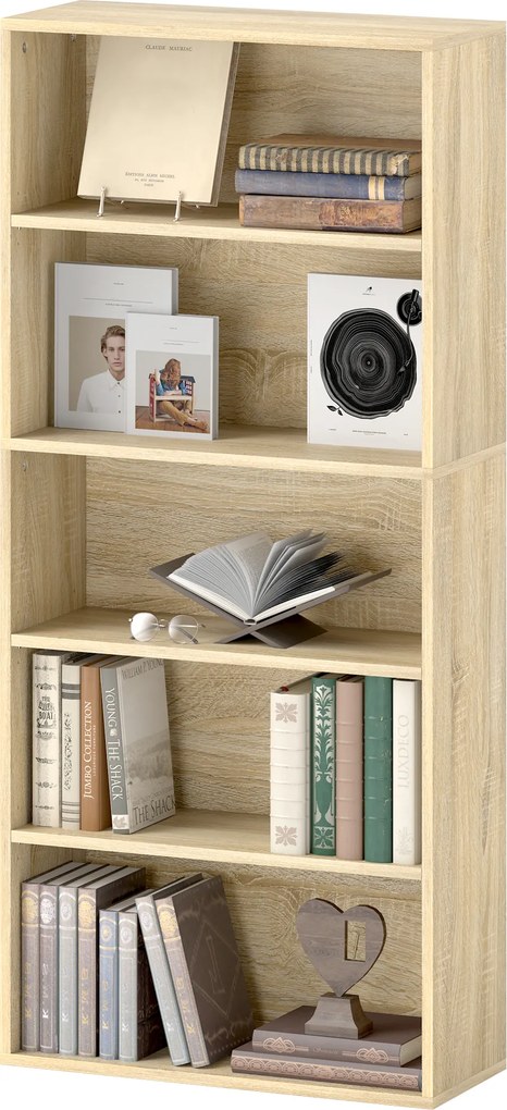 Estante de arrumação 60 x 24 x 133,5 cm com 5 níveis e prateleiras ajustáveis para sala de estar, quarto, escritório, natural