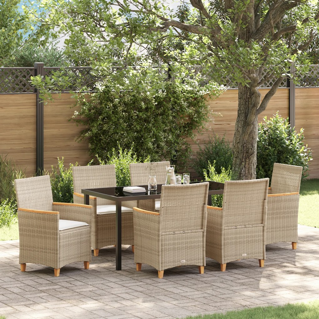 vidaXL Conjunto de Jantar de Jardim de 7 Peças com Almofadas Bege Vime PE