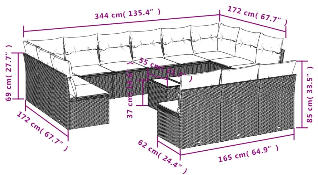 14 pcs conjunto de sofás p/ jardim com almofadões vime PE bege