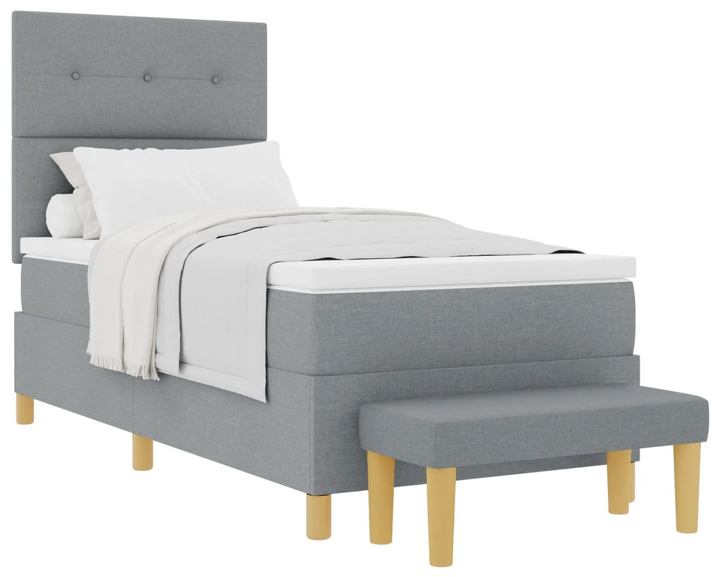 Cama Box Spring com Colchão e Banco Cinza Claro 90x200 cm em Tecido