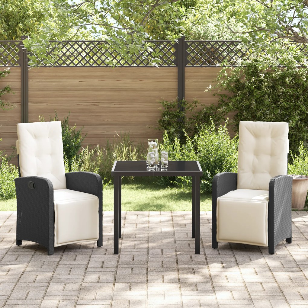 Conjunto de Jantar de 3 Peças vidaXL com Almofadas em Rattan Preto