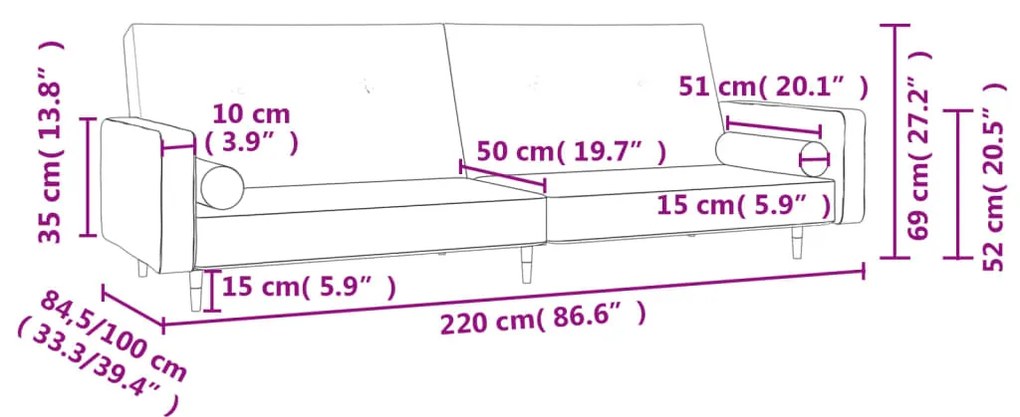 Sofá-cama 2 lugares com duas almofadas veludo cinzento-claro