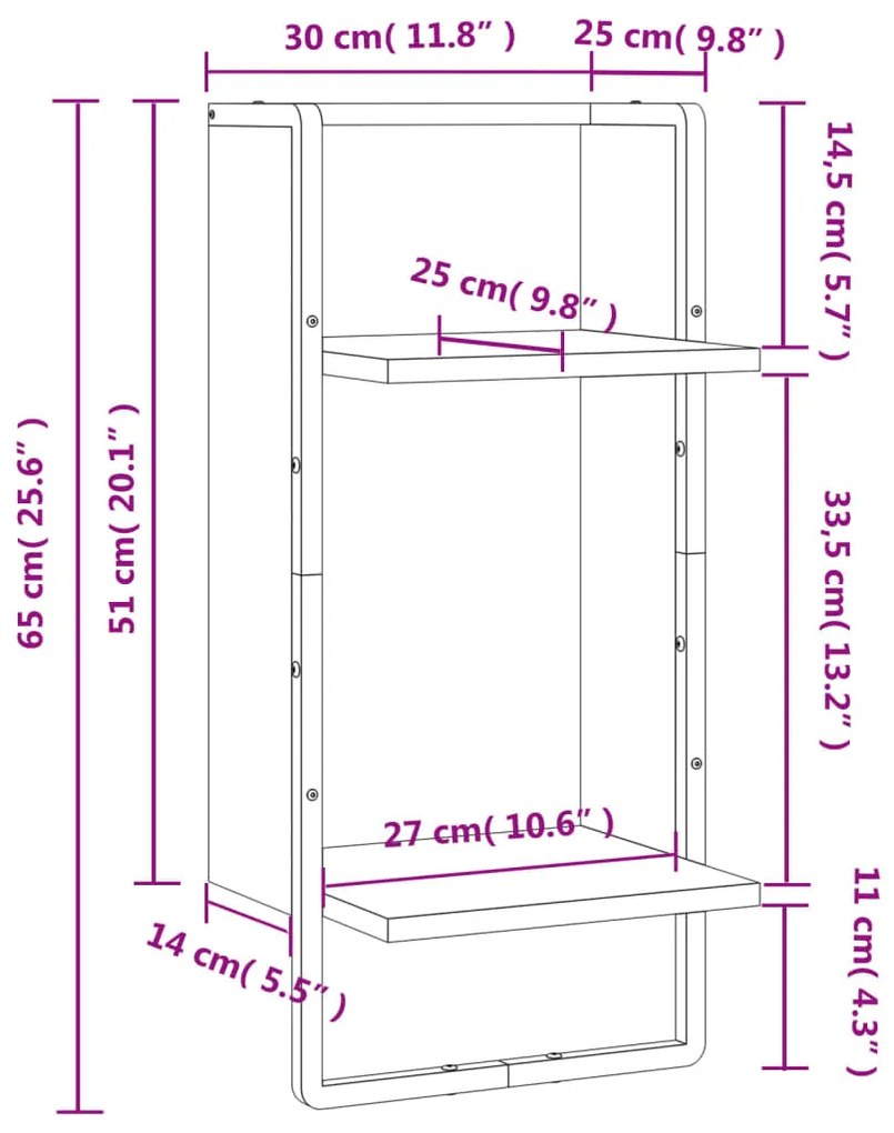 Prateleira de parede com barra 30x25x65 cm preto