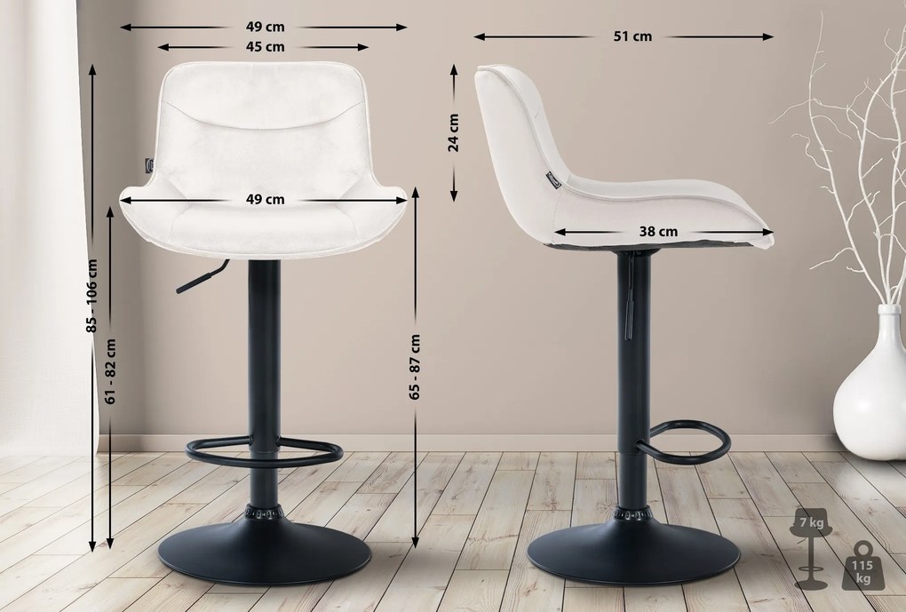 Banco alto em veludo com estrutura preta 85-106 x 49 x 51 cm cor creme