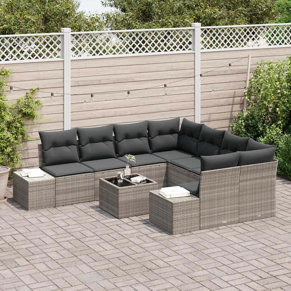 Conjunto de Sofás de Jardim de 9 Peças com Almofadas Cinza Claro Ratta