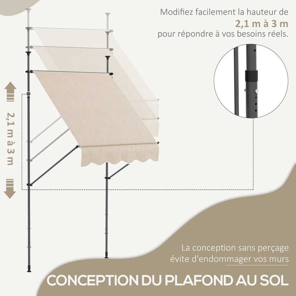 Toldo retrátil manual autoportante, 1,5 m (L) x 1,2 m (P) x 2,1-3 m (A), inclinação ajustável, metal, alumínio, poliéster, cor areia
