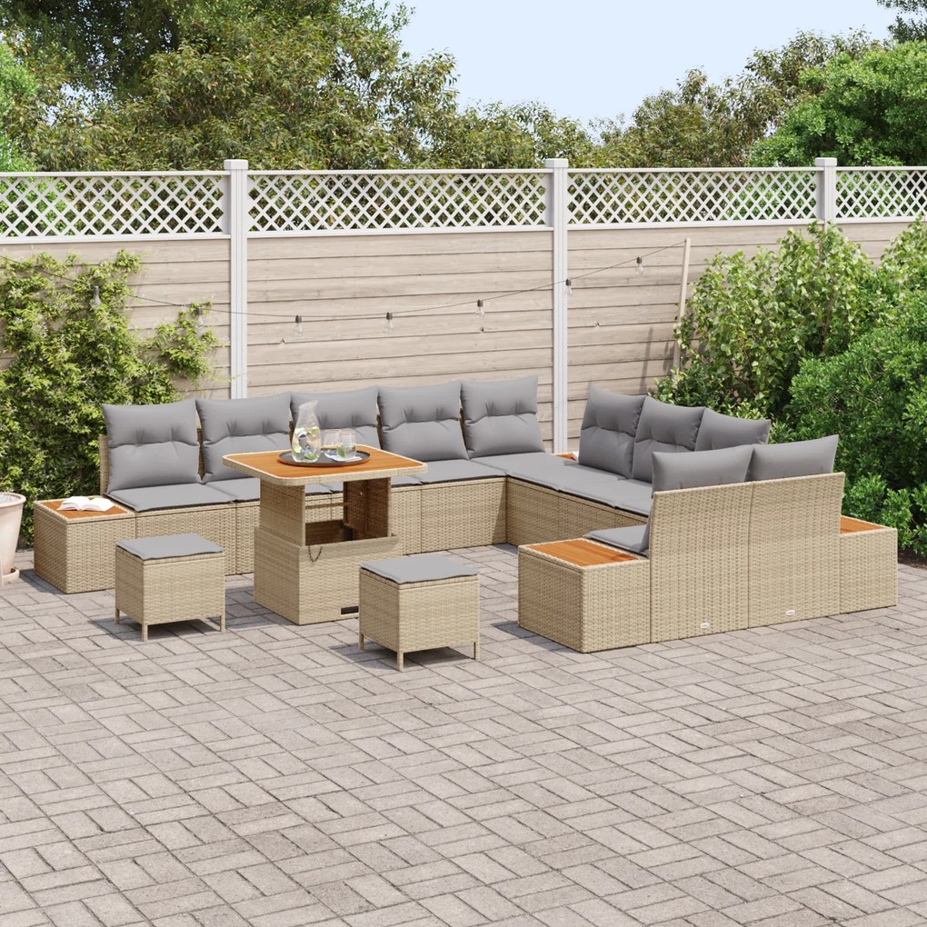 Conjunto de Sofás para Jardim de 13 Peças com Almofadas Bege Vime Acác
