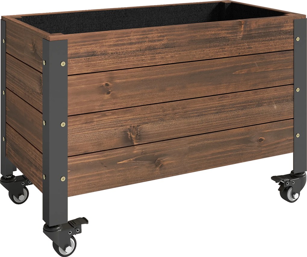 Floreira de Madeira com Rodas Orifício de Drenagem e Forro Não Tecido 60x30x41 cm Castanho Escuro